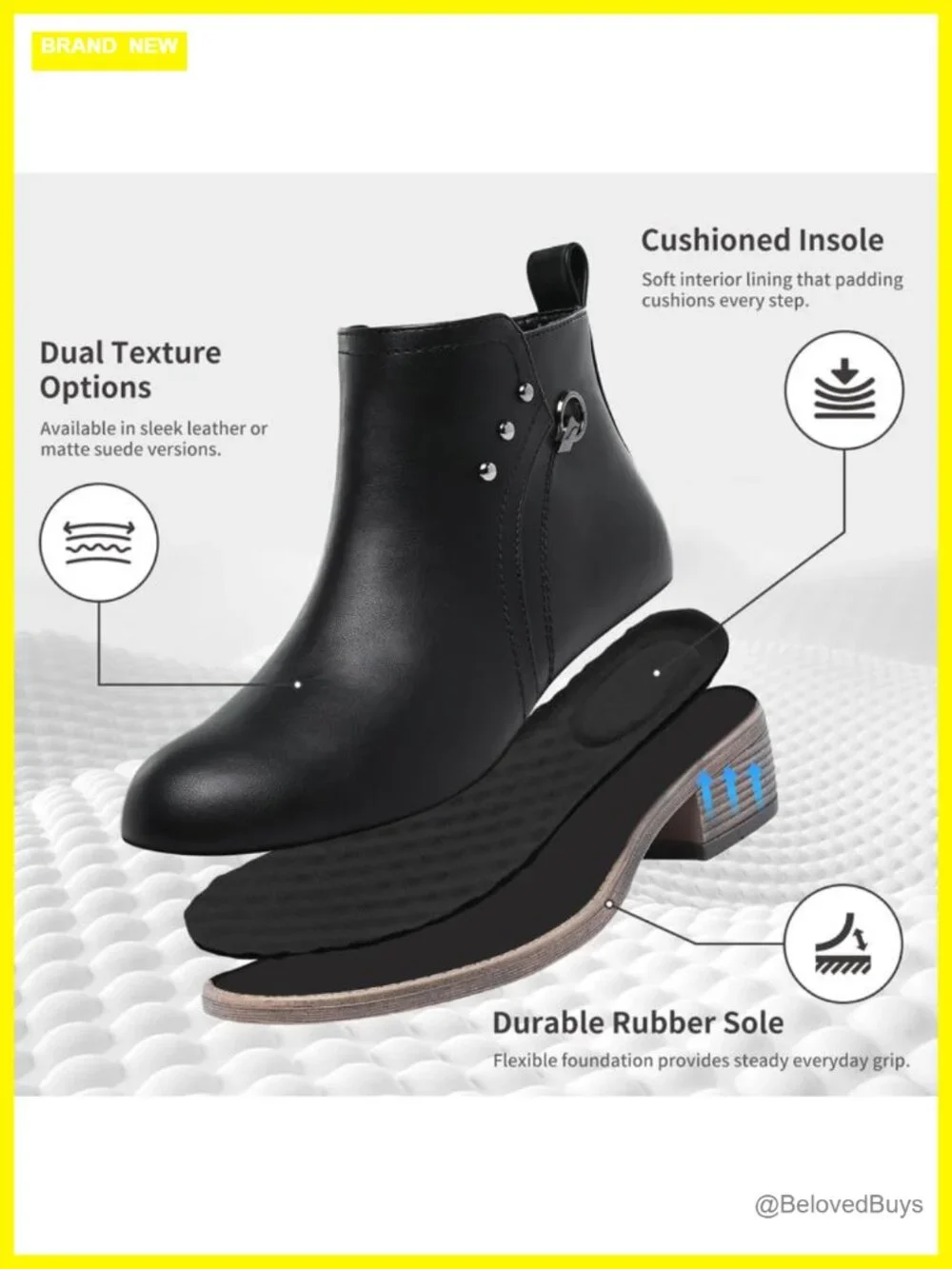 Ankle Boots with Chunky Low Heel - Suede Booties, Side Zipper, Anti-Slip,